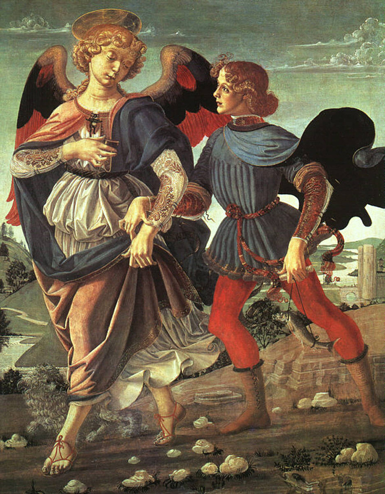 Workshop of Andrea del Verrocchio (Italian 1435-1488). Tobias and the Angel, 1470-80. Egg tempera on poplar. 33 1/4 x 26 1/16 in. (84.4 x 66.2 cm). National Gallery, London