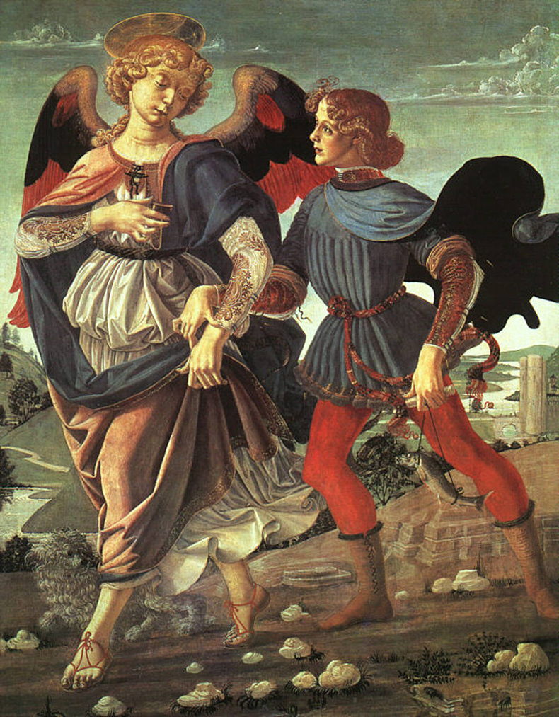 Workshop of andrea del verrocchio (italian 1435-1488). Tobias and the angel, 1470-80. Egg tempera on poplar. 33 1/4 x 26 1/16 in. (84. 4 x 66. 2 cm). National gallery, london